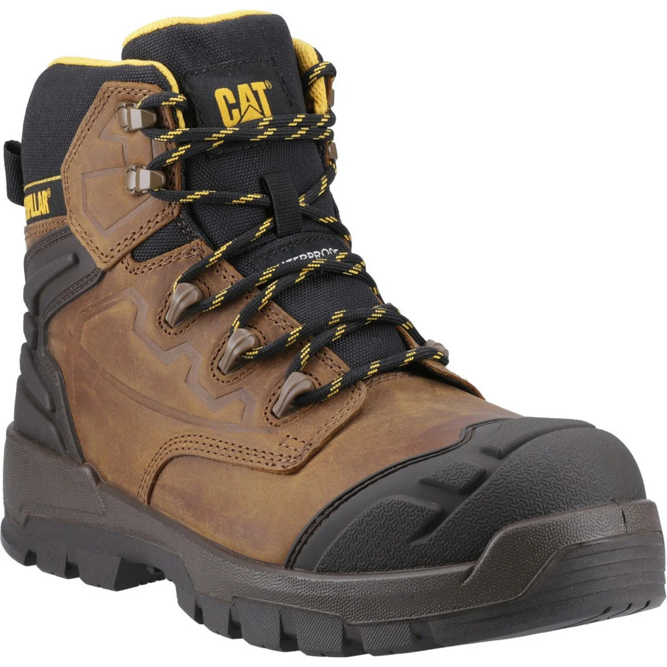 Dark Beige-Black-Yellow - Front - Caterpillar Mens Striver XL 6 Leather Safety Boots