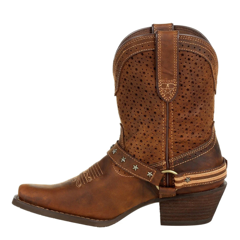 Bomber Brown - Side - Durango Womens-Ladies Crush Full Grain Leather Shortie Cowboy Boots