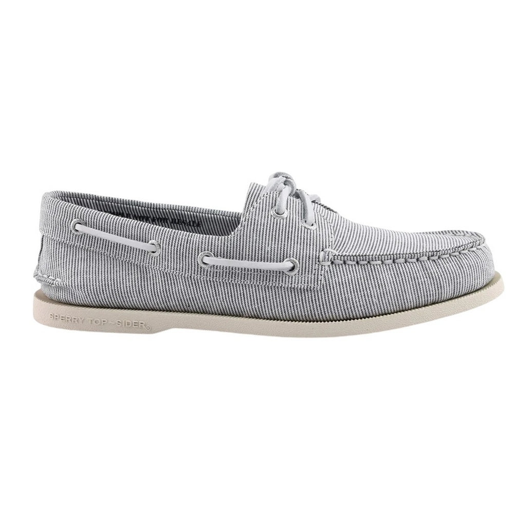 Grey - Side - Sperry Mens Authentic Original Striped Suede Boat Shoes