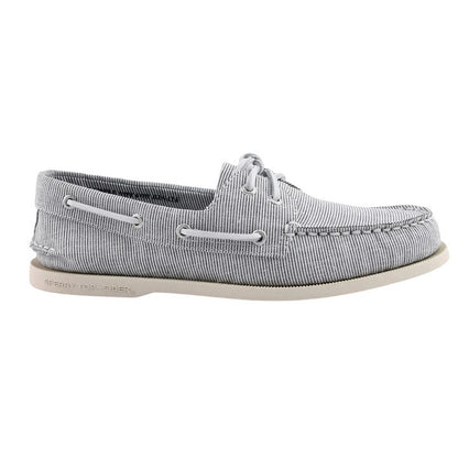 Grey - Side - Sperry Mens Authentic Original Striped Suede Boat Shoes