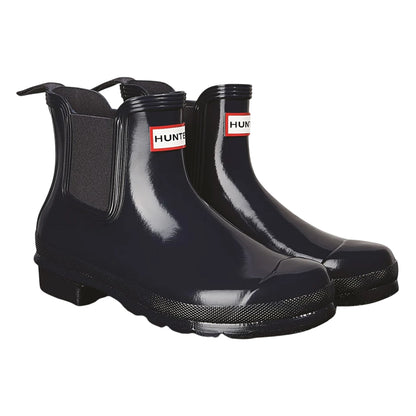 Navy - Front - Hunter Womens-Ladies Original Gloss Chelsea Boots