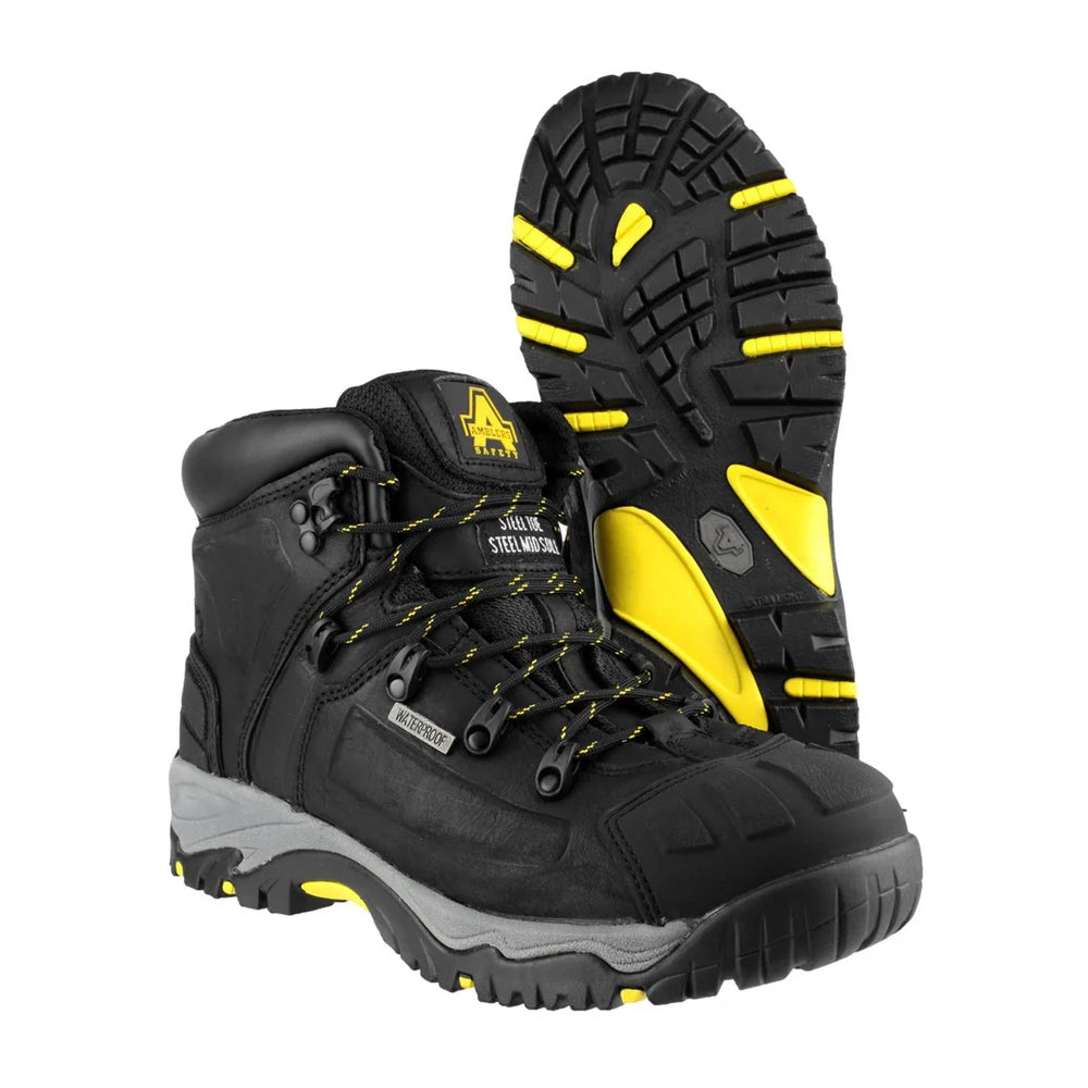 Black-Yellow - Pack Shot - Amblers Unisex Adult Crazy Horse Leather Safety Boots
