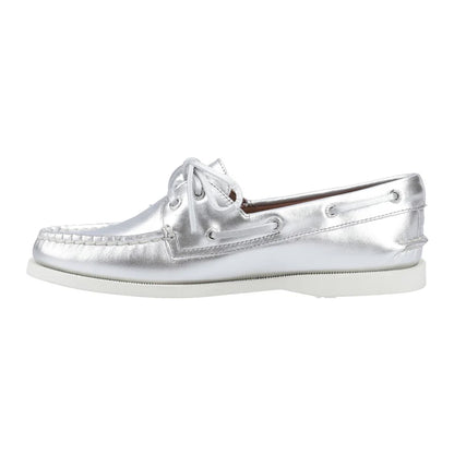 Silver - Side - Sperry Womens-Ladies Authentic 2 Leather Boat Shoes