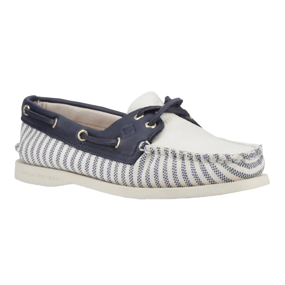 White-Navy - Front - Sperry Womens-Ladies Authentic Original Leather Boat Shoes