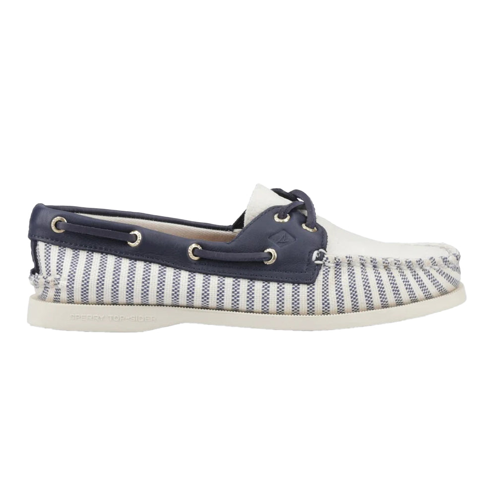 White-Navy - Side - Sperry Womens-Ladies Authentic Original Leather Boat Shoes
