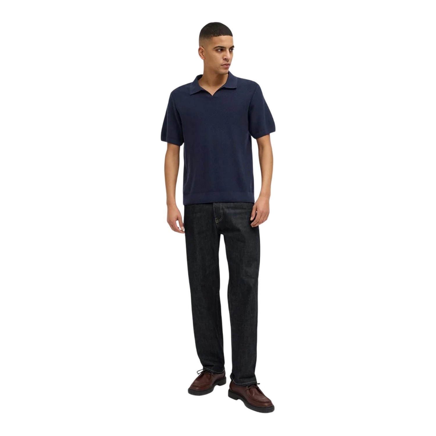 Night Sky - Pack Shot - Jack And Jones Mens Knitted Split Neck Polo Shirt