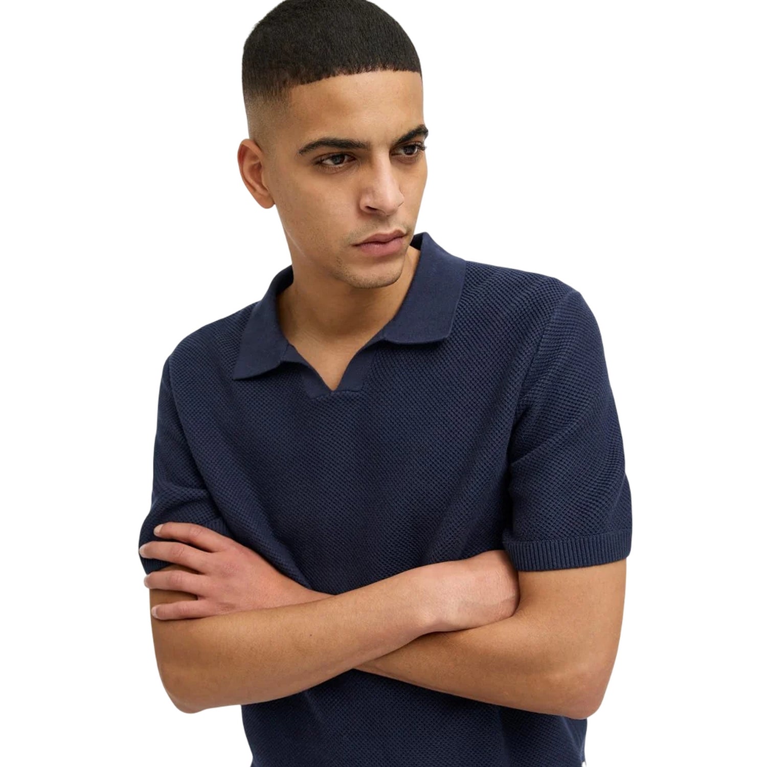 Night Sky - Side - Jack And Jones Mens Knitted Split Neck Polo Shirt