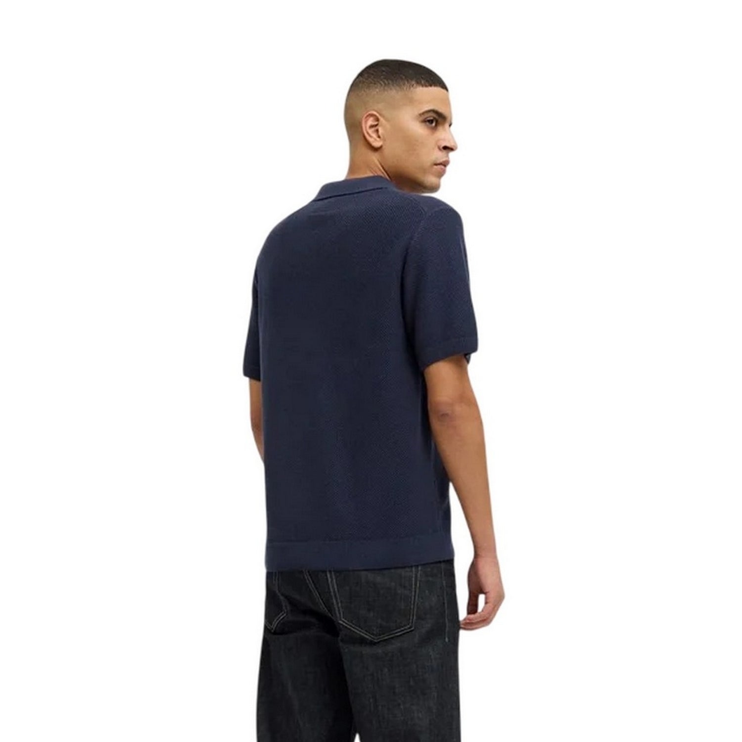 Night Sky - Back - Jack And Jones Mens Knitted Split Neck Polo Shirt