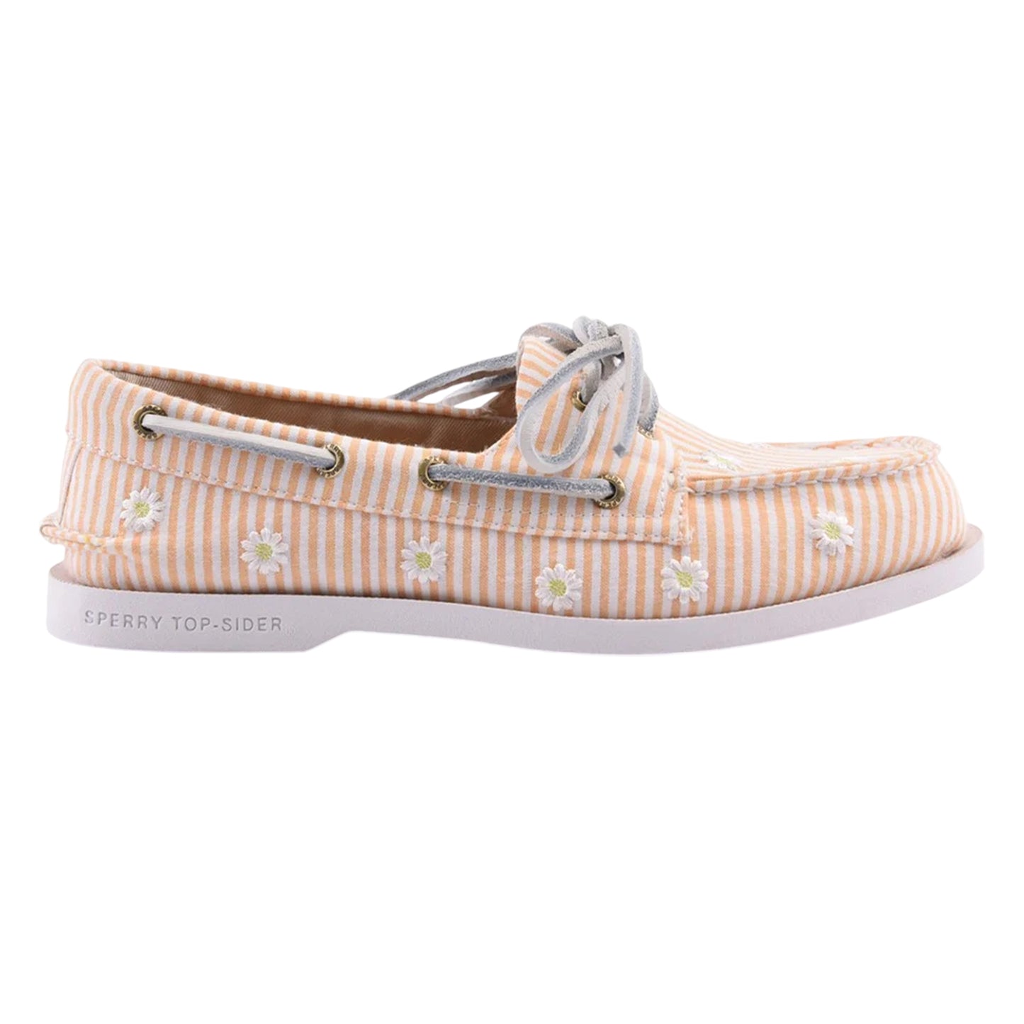 White-Orange - Side - Sperry Womens-Ladies Authentic Original Seersucker Boat Shoes