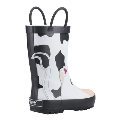 Black-White - Back - Cotswold Childrens-Kids Puddle Cow 3D Wellington Boots