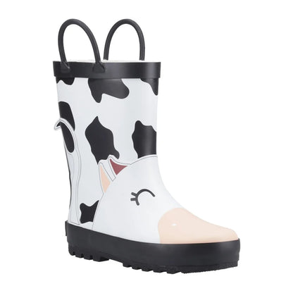 Black-White - Lifestyle - Cotswold Childrens-Kids Puddle Cow 3D Wellington Boots