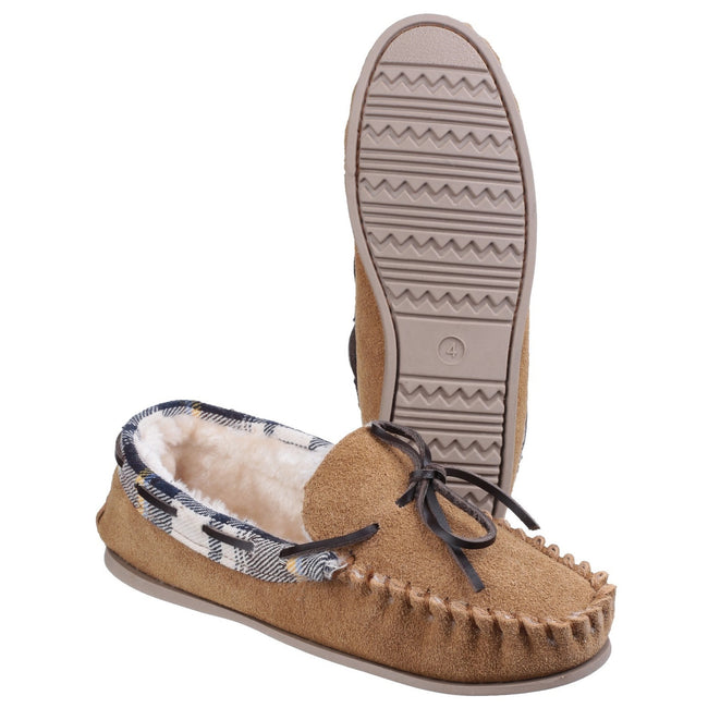 Tan - Close up - Cotswold Womens-Ladies Kilkenny Classic Fur Lined Moccasin Slippers