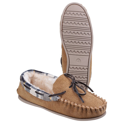Tan - Close up - Cotswold Womens-Ladies Kilkenny Classic Fur Lined Moccasin Slippers