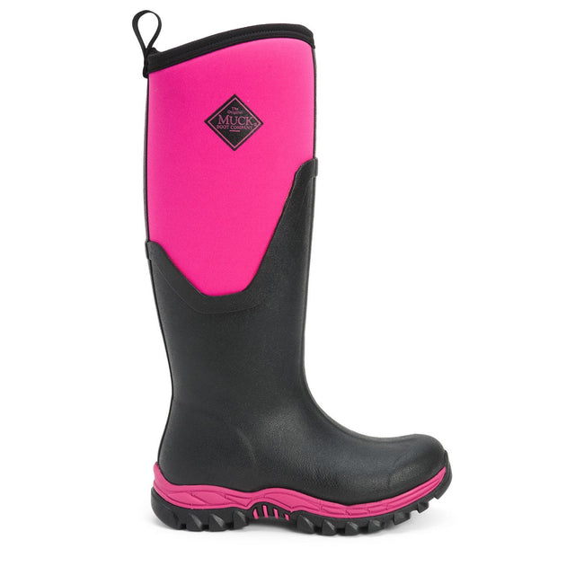 Black-Pink - Close up - Muck Boots Womens-Ladies Arctic Sport Tall Pill On Wellie Boots