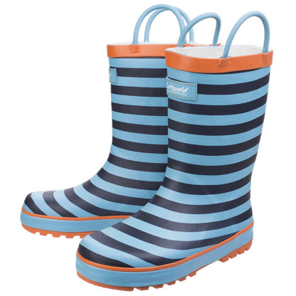 Blue - Pack Shot - Cotswold Childrens-Kids Captain Striped Wellington Boots
