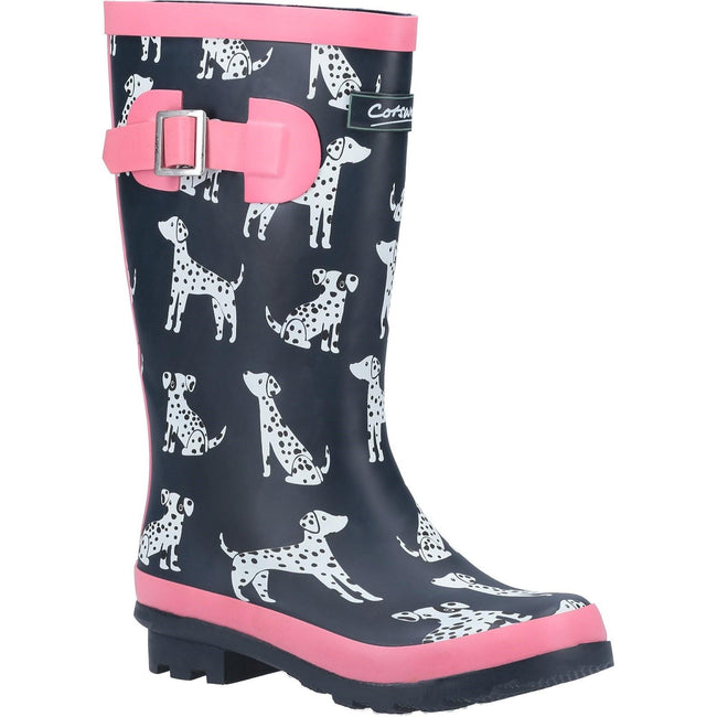 Navy-Pink - Front - Cotswold Girls Spot Wellington Boots
