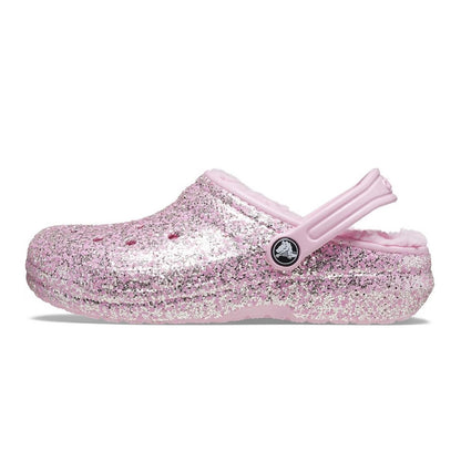 Flamingo Pink - Pack Shot - Crocs Childrens-Kids Glitter Lined Clogs