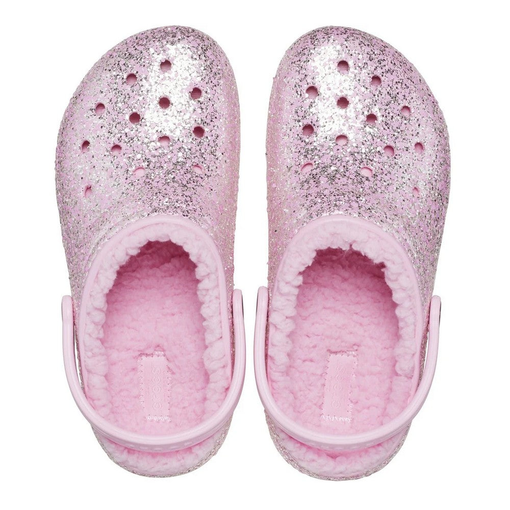 Flamingo Pink - Close up - Crocs Childrens-Kids Glitter Lined Clogs