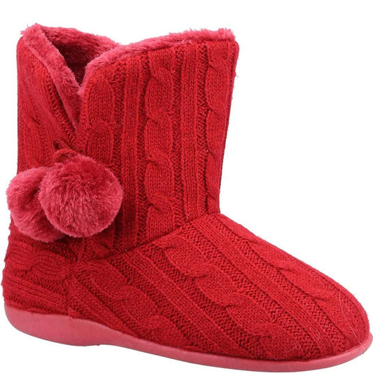 Burgundy - Front - Fleet & Foster Womens-Ladies Apple Pom Pom Slippers