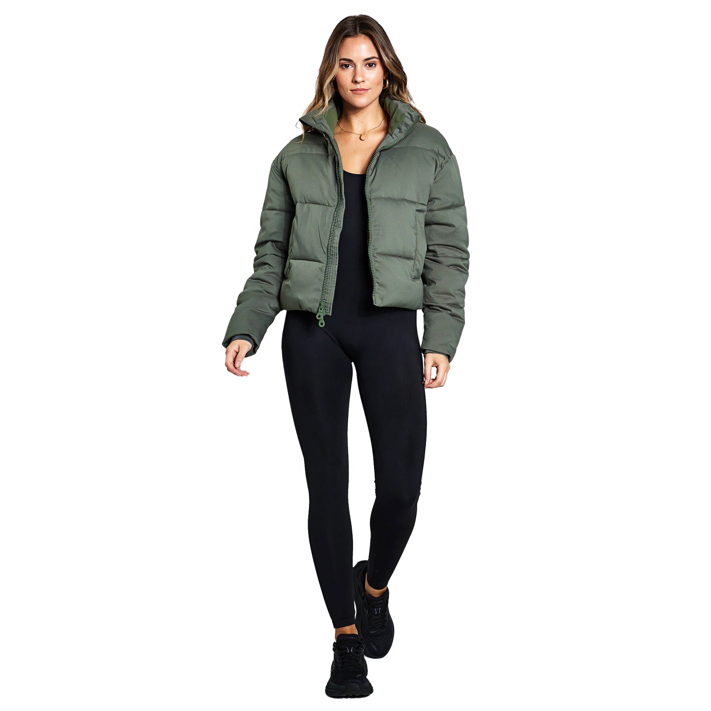 Thyme Green - Side - Girlfriend Collective Womens-Ladies Cropped Puffer Jacket