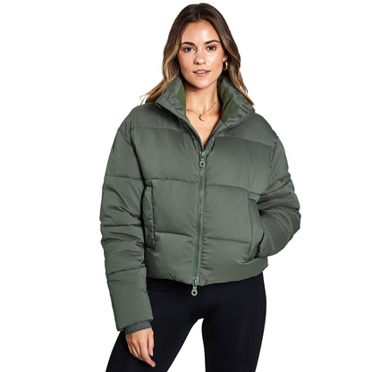 Thyme Green - Front - Girlfriend Collective Womens-Ladies Cropped Puffer Jacket
