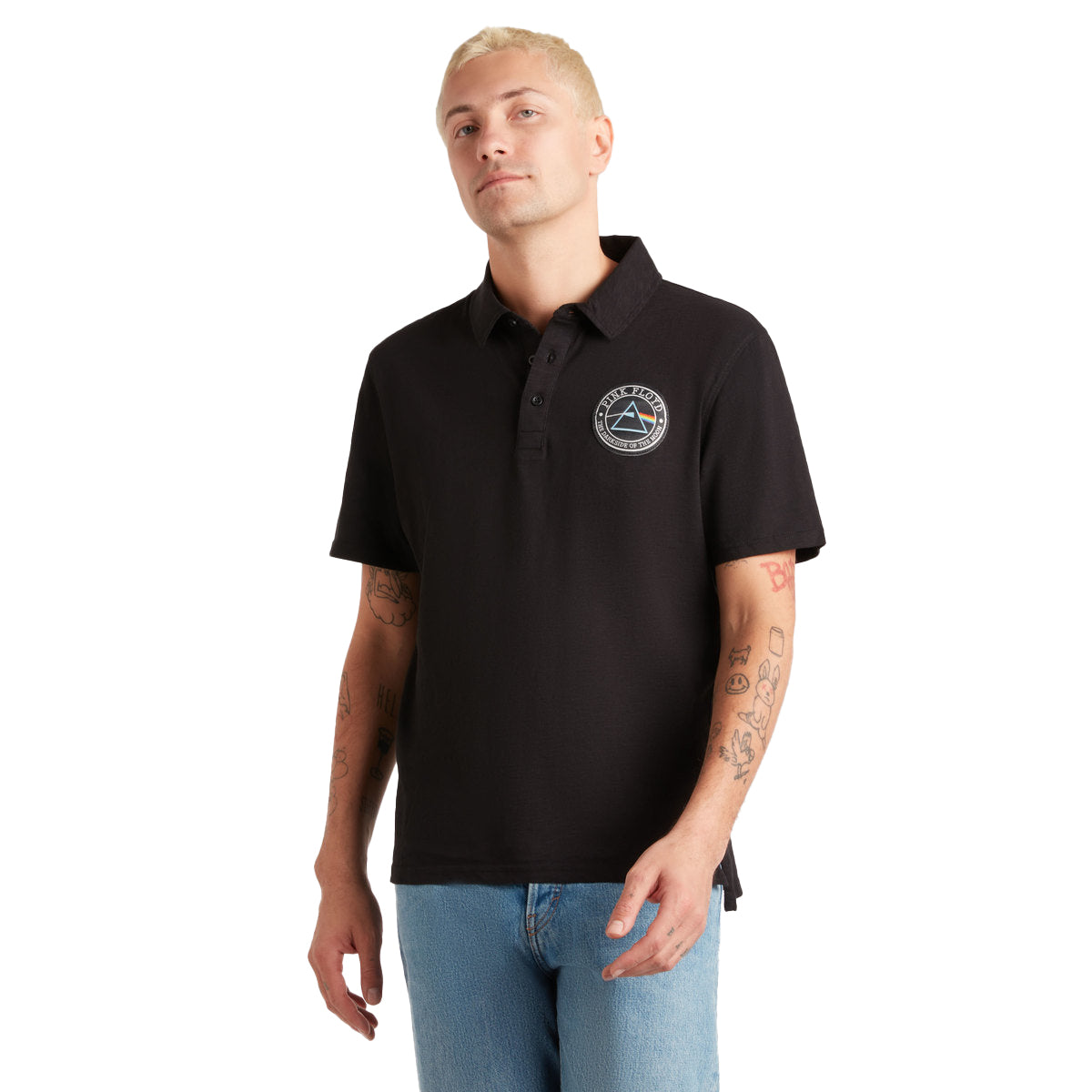 Black - Side - Amplified Mens Washed Slub Pink Floyd Polo Shirt