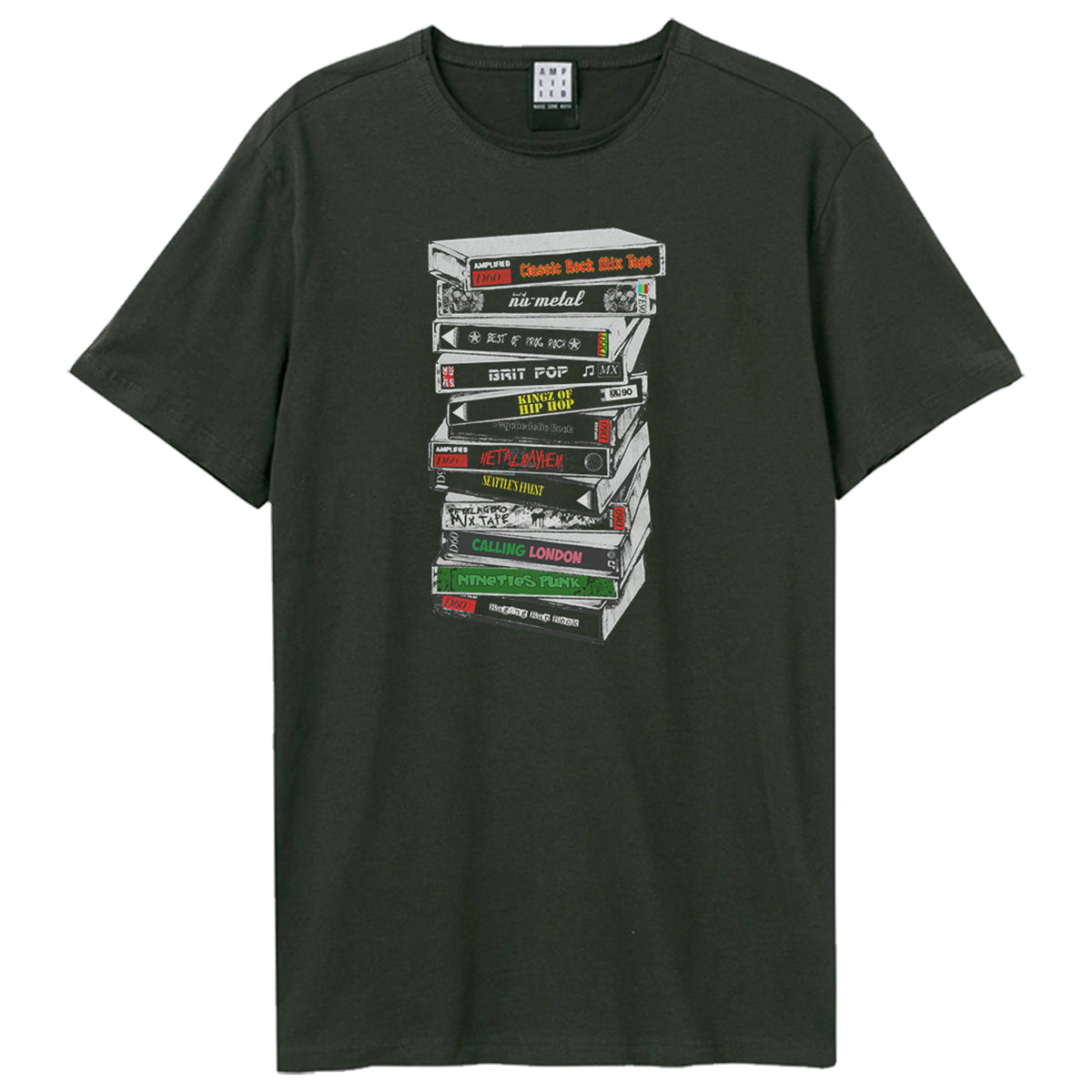 Charcoal - Front - Amplified Unisex Adult Stack Of Tapes T-Shirt