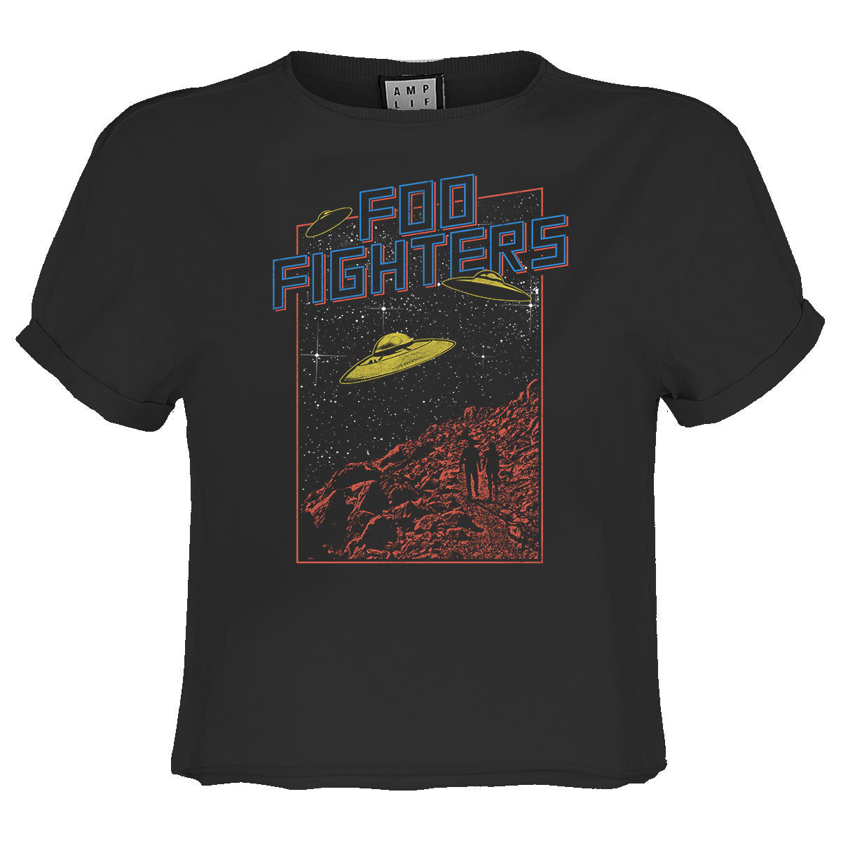 Charcoal - Front - Amplified Womens-Ladies Flying Saucers Foo Fighters Crop Top