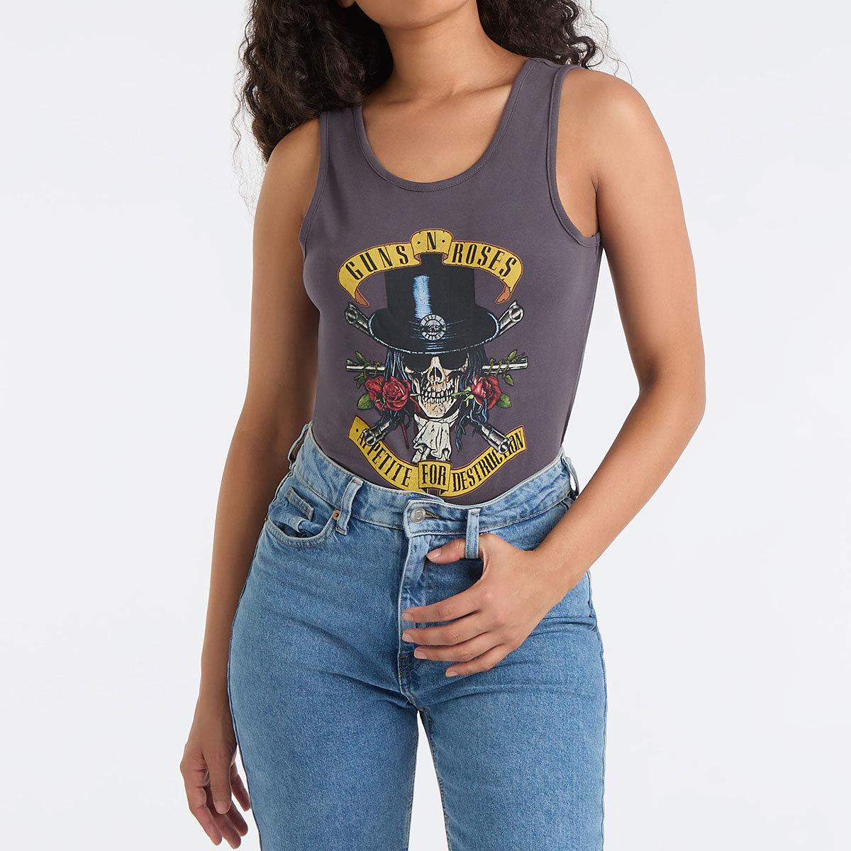 Charcoal - Front - Amplified Womens-Ladies Top Hat Skull Guns N Roses Bodysuit
