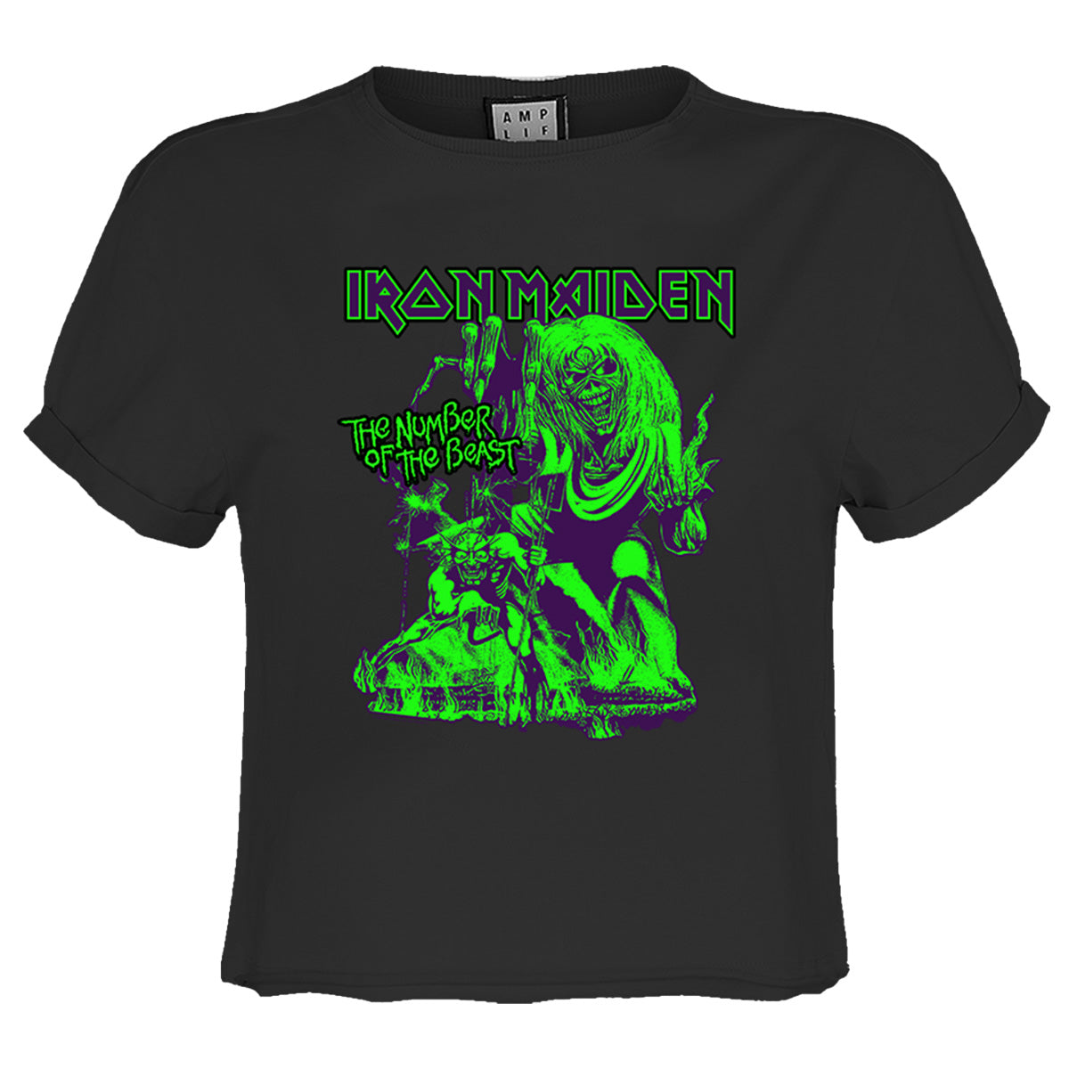 Charcoal - Front - Amplified Womens-Ladies Neon Beast Iron Maiden Crop Top