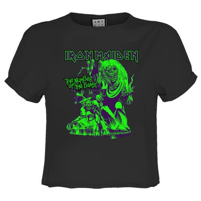 Charcoal - Front - Amplified Womens-Ladies Neon Beast Iron Maiden Crop Top