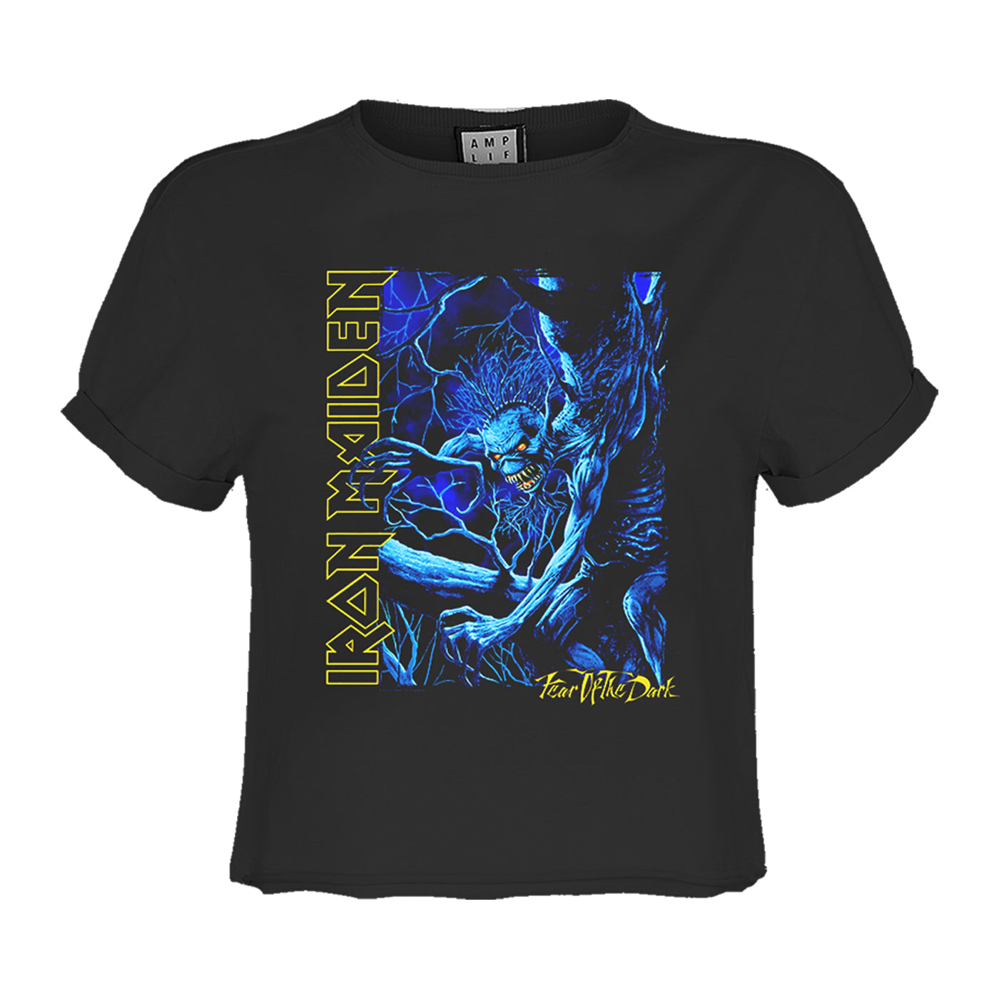Charcoal - Front - Amplified Womens-Ladies Blue Monster Iron Maiden Crop Top