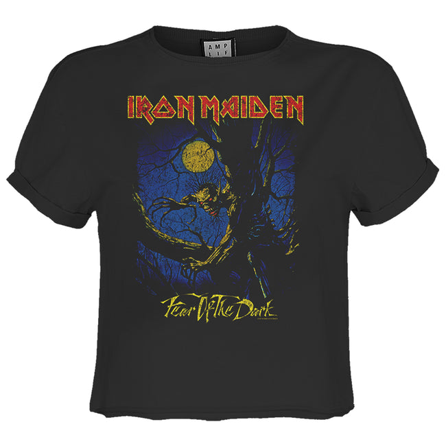 Charcoal - Front - Amplified Womens-Ladies Fear Of The Dark Iron Maiden Crop Top