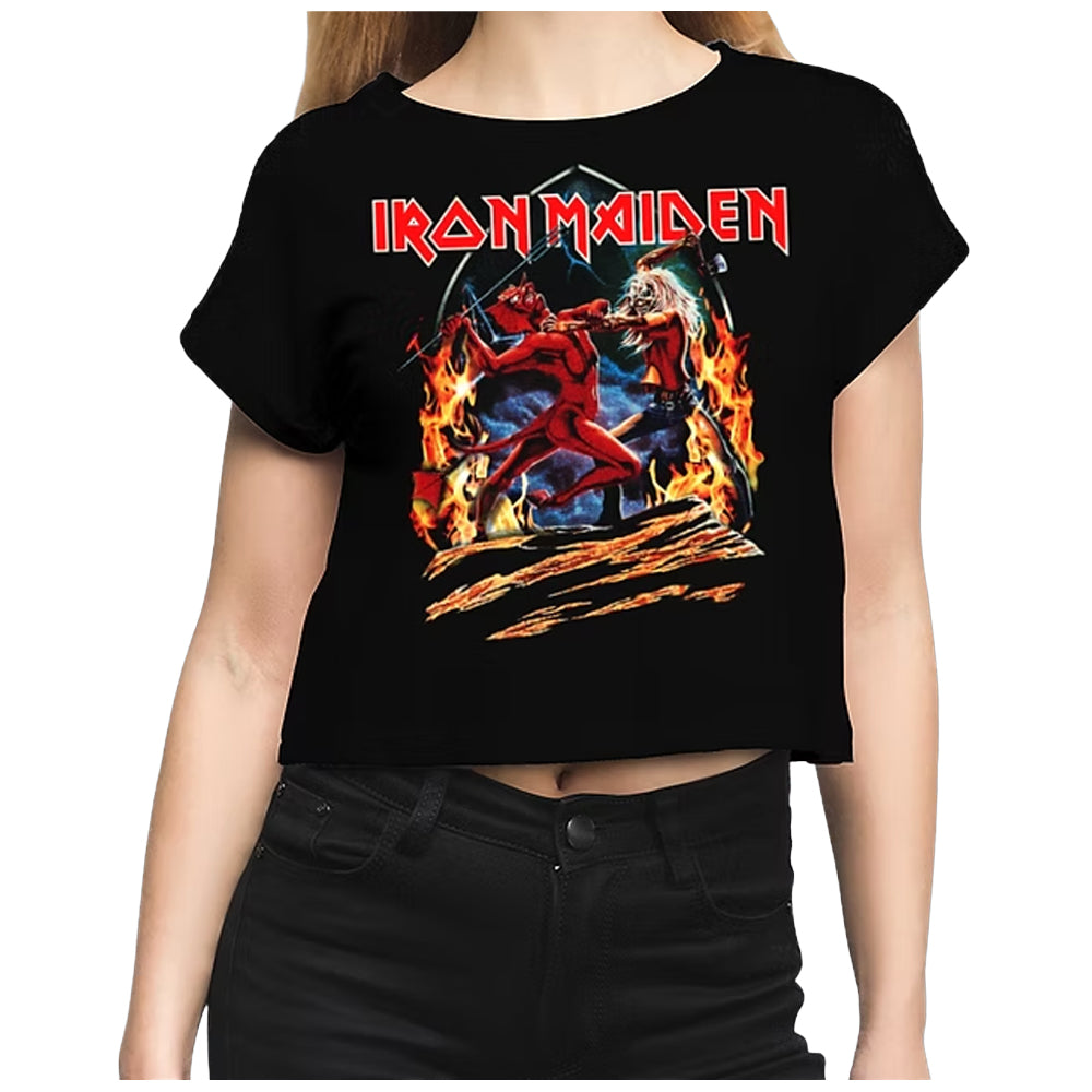 Charcoal - Back - Amplified Womens-Ladies Run To The Hills Iron Maiden Crop Top
