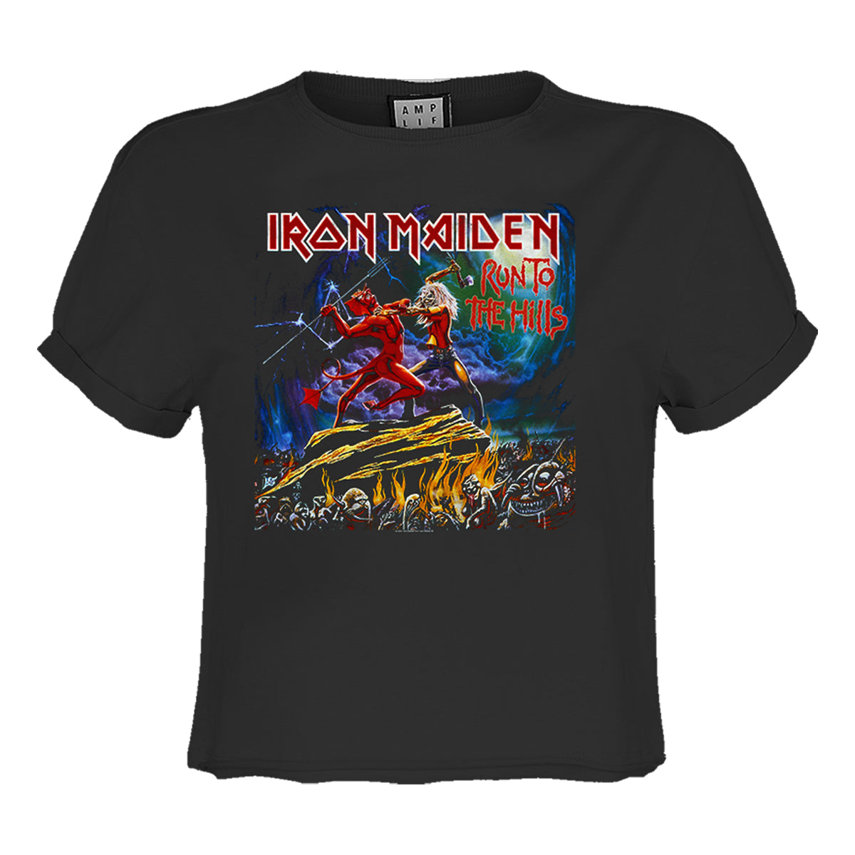 Charcoal - Front - Amplified Womens-Ladies Run To The Hills Iron Maiden Crop Top