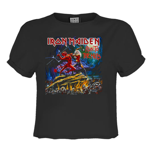 Charcoal - Front - Amplified Womens-Ladies Run To The Hills Iron Maiden Crop Top