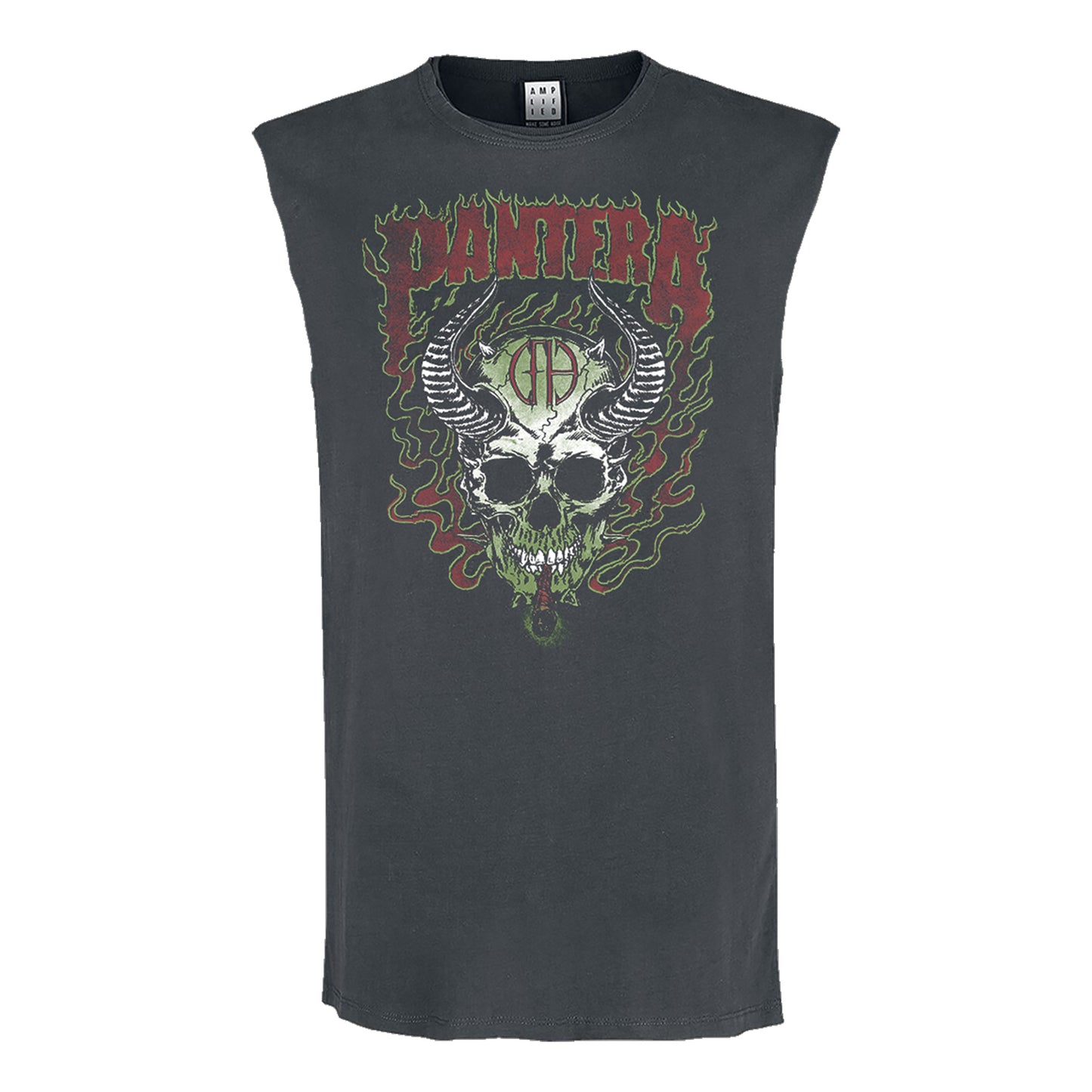 Charcoal - Front - Amplified Mens Fire Skull Pantera Sleeveless Tank Top