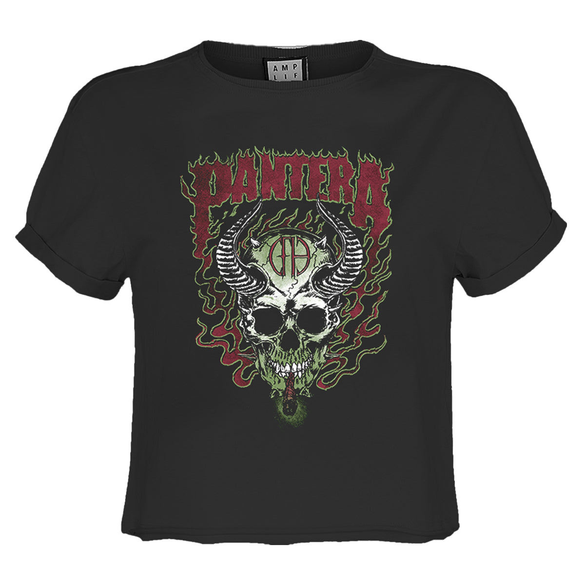 Charcoal - Front - Amplified Womens-Ladies Fire Skull Pantera Crop Top