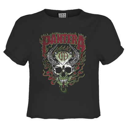 Charcoal - Front - Amplified Womens-Ladies Fire Skull Pantera Crop Top