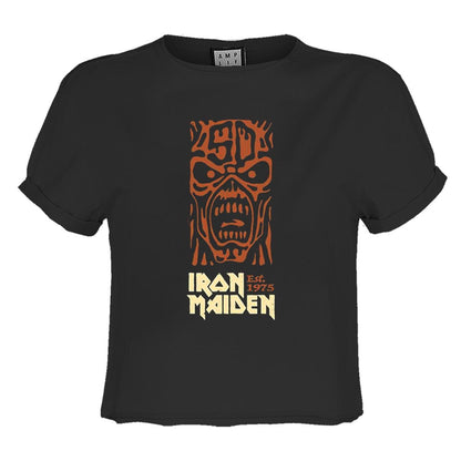 Charcoal-Orange - Front - Amplified Womens-Ladies 50th Totem Pole Iron Maiden Crop Top