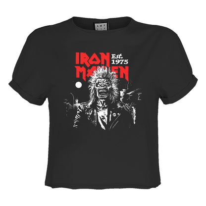Charcoal - Front - Amplified Womens-Ladies 50th 2 Colour 1975 Eddie Iron Maiden Crop Top