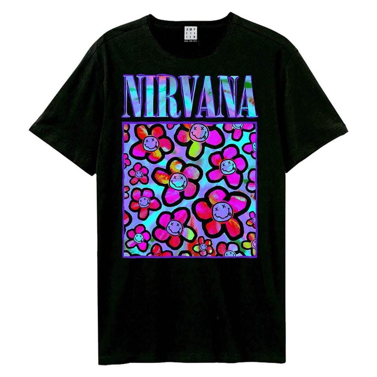 Black - Front - Amplified Unisex Adult Neon Flowers Nirvana T-Shirt