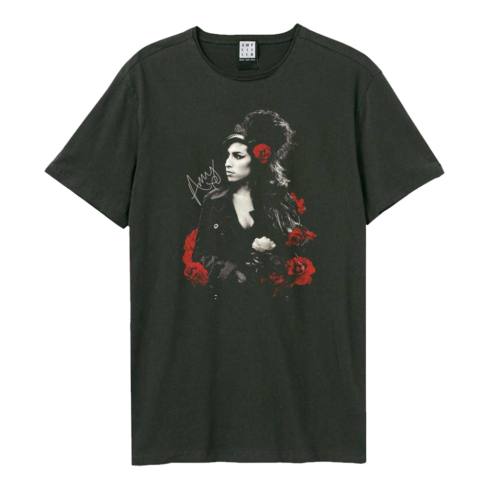 Charcoal - Front - Amplified Unisex Adult Poses With Roses Amy Winehouse T-Shirt