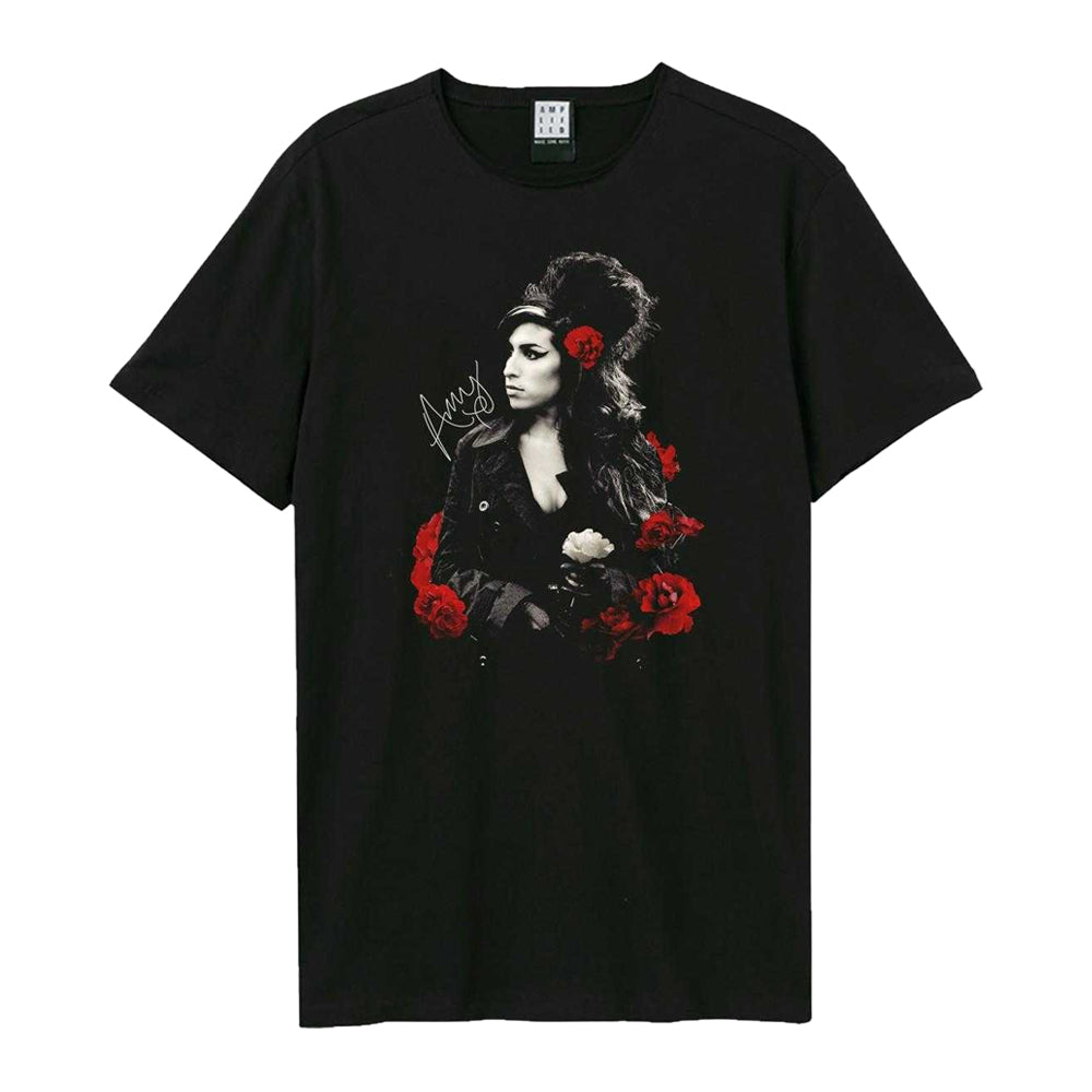Black - Front - Amplified Unisex Adult Poses With Roses Amy Winehouse T-Shirt