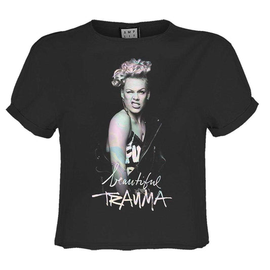 Charcoal - Front - Amplified Womens-Ladies Beautiful Trauma P!nk Crop Top