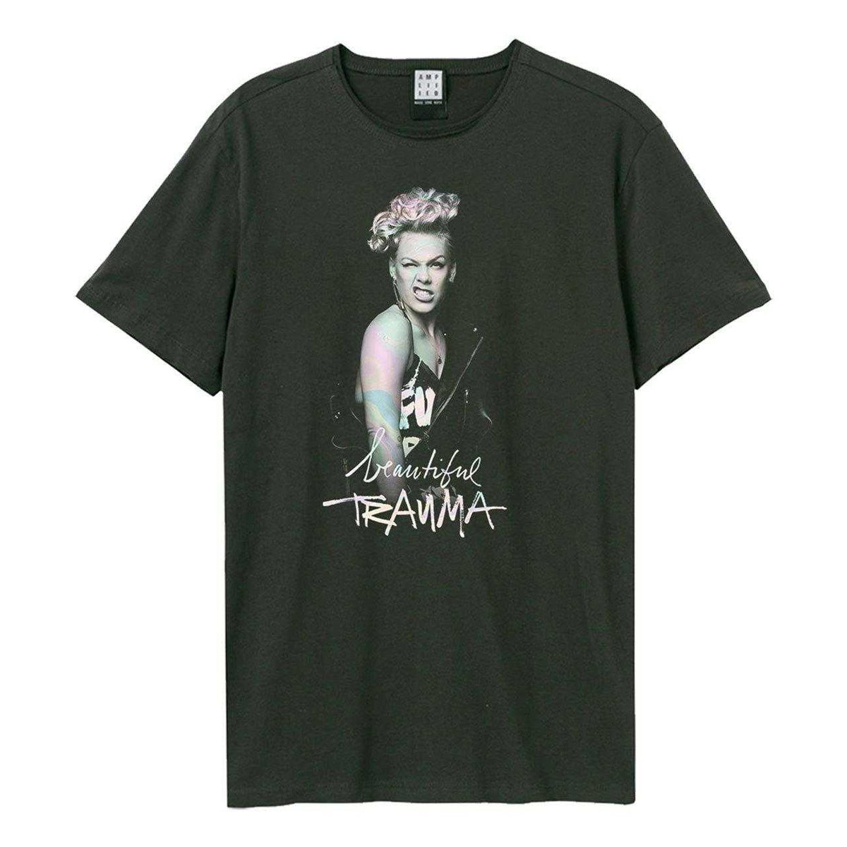 Charcoal - Front - Amplified Unisex Adult Beautiful Trauma P!nk T-Shirt