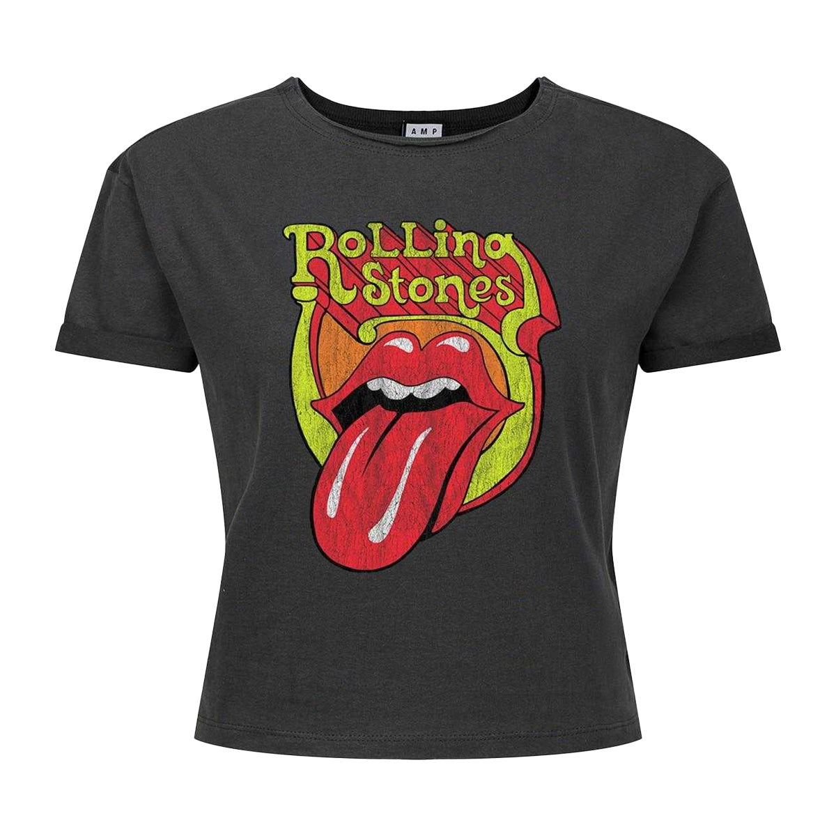 Charcoal - Front - Amplified Womens-Ladies Bootleg Tongue The Rolling Stones Crop T-Shirt