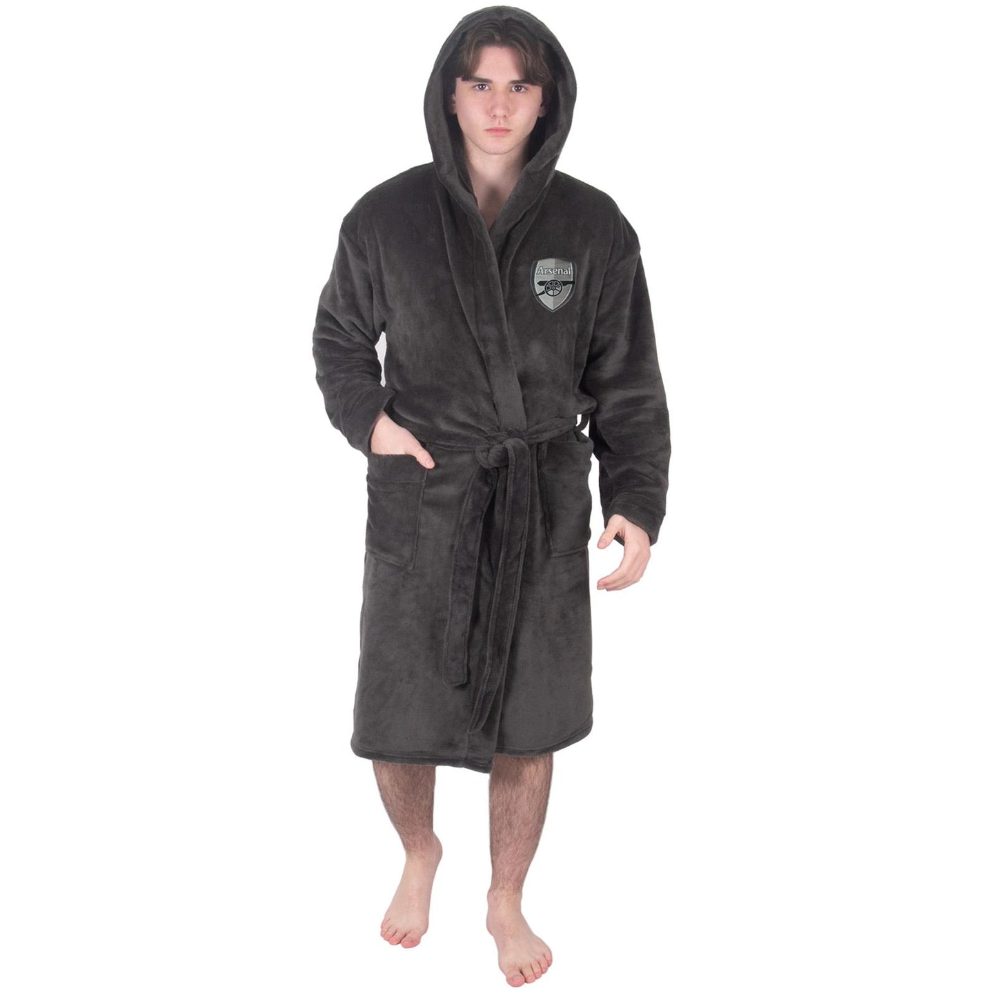 Grey - Side - Arsenal FC Mens Crest Fleece Dressing Gown
