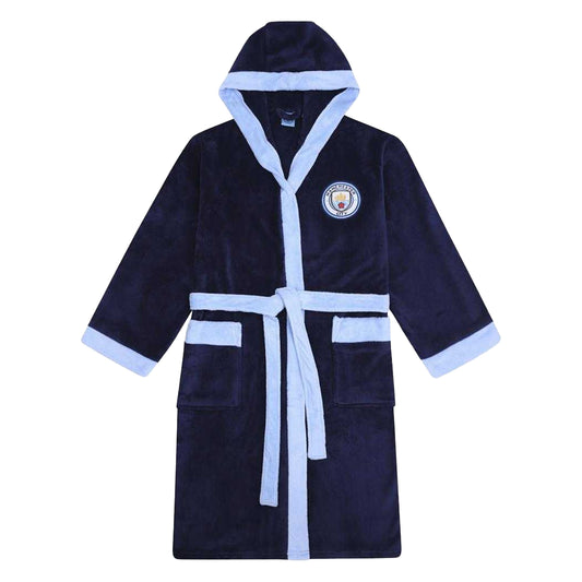 Navy Blue - Front - Manchester City FC Mens Crest Fleece Contrast Trim Dressing Gown