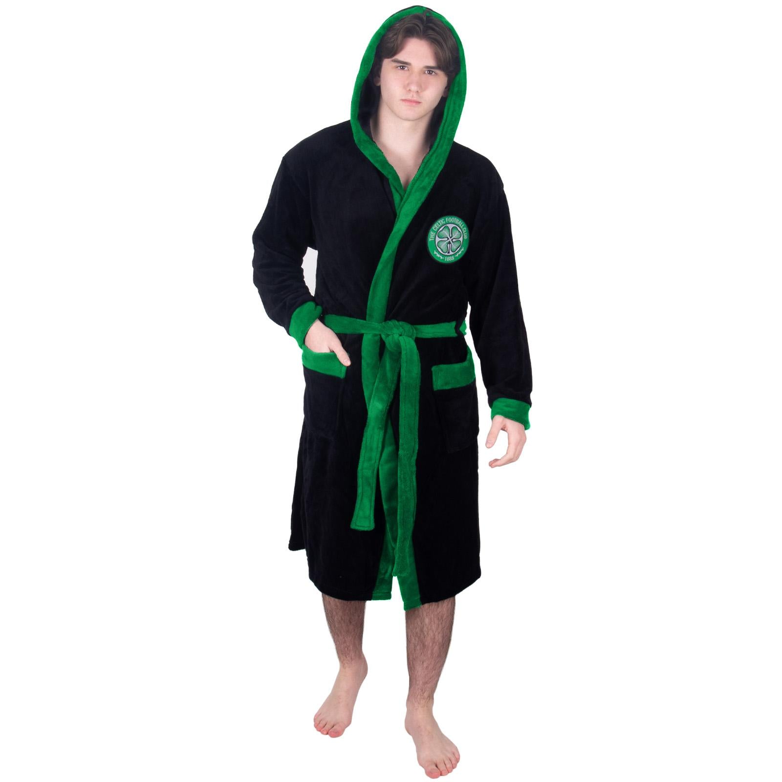 Black - Side - Celtic FC Mens Crest Fleece Contrast Trim Dressing Gown